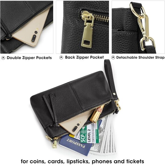 Women Black Pebbled Cowhide Leather Crossbody Bag Wristlet 9.5x5.5 - Picture 5 of 6